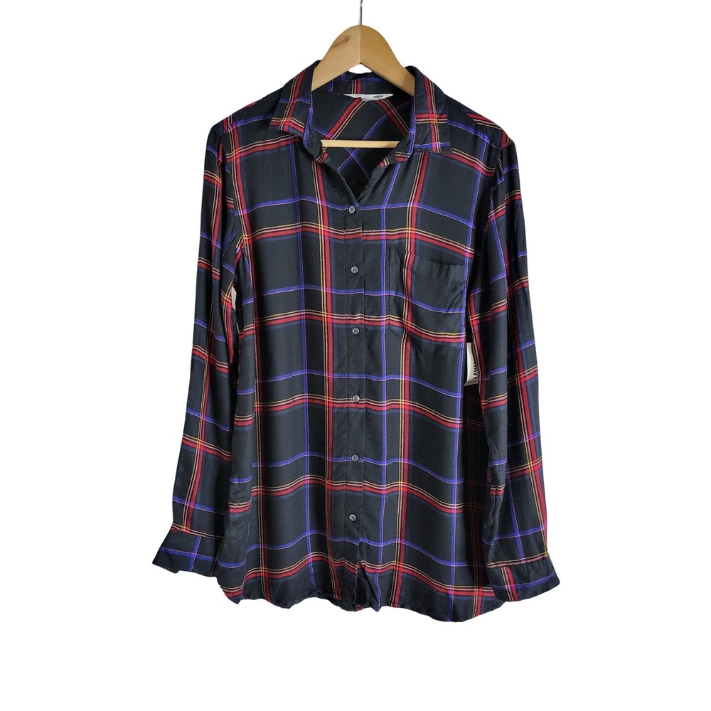 Old Navy The Classic Shirt L Black Red Blue Plaid Rayon Button Down 90s Grunge